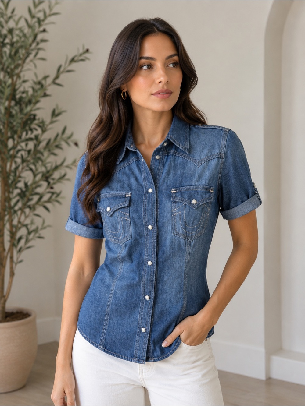 True Religion Denim Shirt in Faded Blue with Red Label